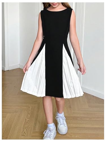 Verdusa Girl's Colorblock Tank Pleated Dress Crew Neck Flared Summer Dresses3