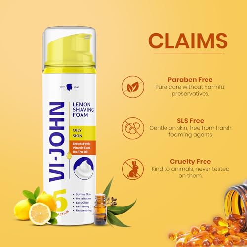 Image of VI- JOHN Shaving Foam For Men, Lemon Shaving Foam With Goodness of Nature, Tea Tree Oil, Vitamin E Enriched and Anti- Bacterial Formula (200gm- Pack of 1)