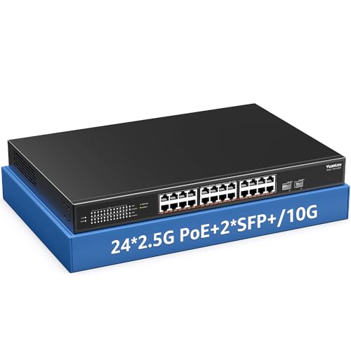 Image of YuanLey 26 Port 2.5G PoE Switch Unmanaged, 24 x 2.5G Base-T PoE Ports, 2 x 10G SFP+, IEEE802.3af /at, 400W, Compatible with 100 /1000 /2500Mbps, Metal Case, Desktop /Rack Mount 2.5Gbe Network Switch