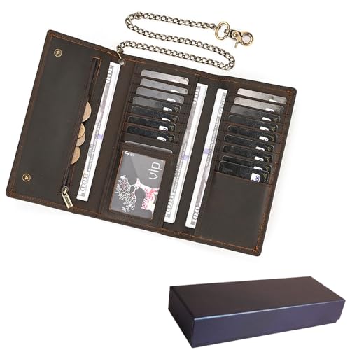 PINKPIN Mens Long Wallet with Chain, Genuine Leather Trifold Wallet RFID Blocking Anti-Theft Chain for Biker, Motorcycle (Brown)2