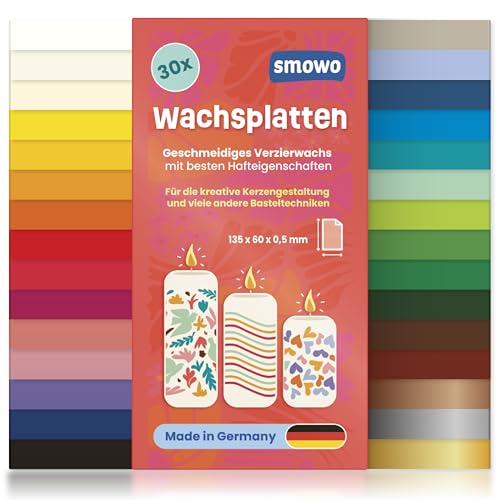 Smowo® 30 Wachsplatten zum Verzieren und Gestalten von Kerzen - Ideal für Kommunion, Taufe und Basteln - Kerzenwachs Platten Set für DIY Kerzenkunst