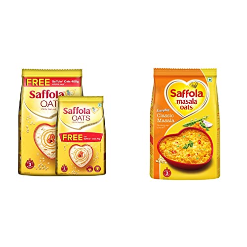 Saffola Oats, Rolled Oats, Delicious Creamy Oats, 100% Natural, High Protein & Fibre, Healthy Cereal, 1Kg with 400g Free & Saffola Masala Oats, Tasty Evening Snack, Classic Masala, 500g