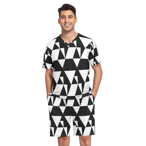 Men's Pajama Set Triangle Background Short Sleeve with Shorts Pockets Sleepwear Set Summer Loungewear