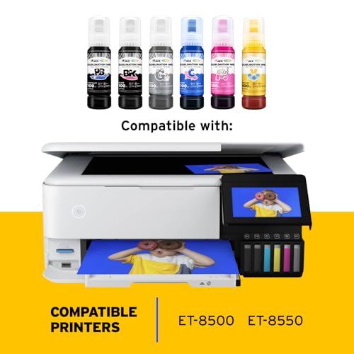 Image of Printers Jack 600ML Sublimation Ink for ET-8550 ET-8500 Wide-Format Supertank Printers Heat Press Transfer on T-Shirt (6x100ML, 6 Colors-BK PB CM Y GY) Bigger Bottles with More Ink Auto Fill the Tanks