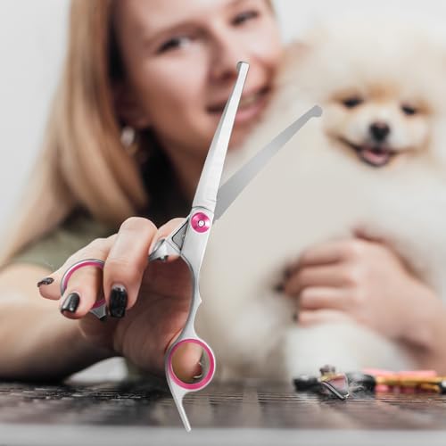 Jostift Hunde Scheren, Gebogene Schere Hund Fellschere Für Hunde und Katzen, Profi Runder Grooming Hundeschere, Edelstahl Fellschere Hundepflege-Schere für Katze und Anderen Haustieren, Rosa