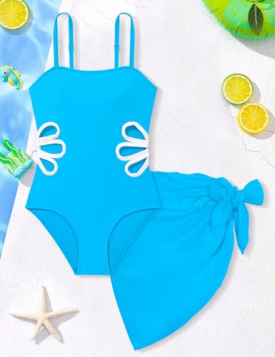 Image of Girls Swimsuit Adjustable Straps Cut Out One Piece Bathing Suit with Solid Color Cover Up Skirt Girls' Swimwear 5-16Y