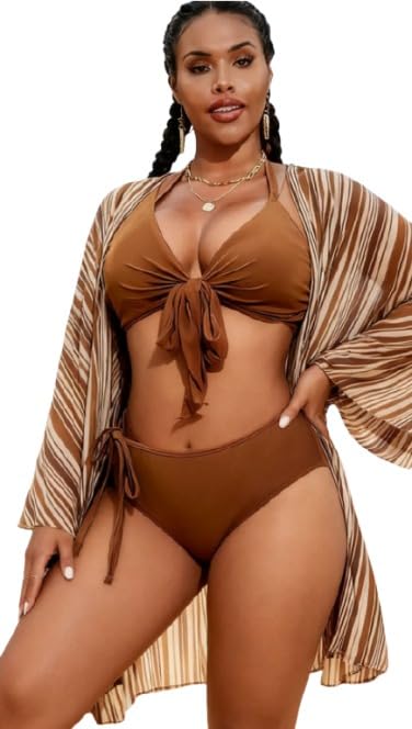 Brown Solid Halter Bikini Set with Sarong-image-20