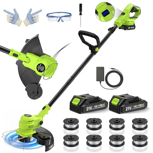 VOERJIA Akku Rasentrimmer 21V, 2-in-1 Rasentrimmer & Kantenschneider, LCD Akkuanzeige, 2×2000mAh Akku, Automatische Fadennachführung, 8 Fadenspulen, für Rasen, Rasenkanten & Gartenwege