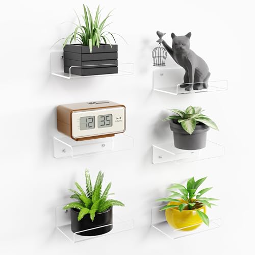 Image of upsimples 6 inch Acrylic Shelves, Small Shelf for Wall Decor and Display, 6 Pcs | Small Floating Shelf for Plants, Speaker, Toys, Invisible Wall Display for Bathroom, Bedroom, Living Room, Room Decor