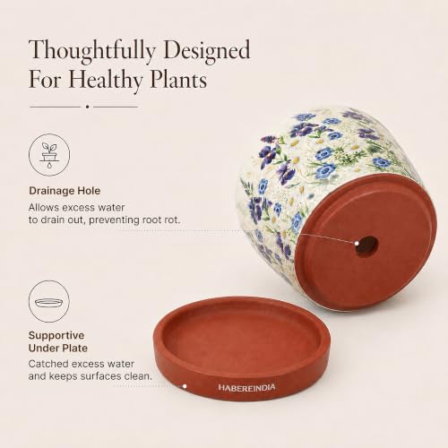 Image of Habere India-All the Cultures Fabricating India Floral Print Terracotta Planter with Under Plate | Indoor Plant Pot with Drainage | Decorative Planter for Home (Floral: L11 x W11 x H10 cm)