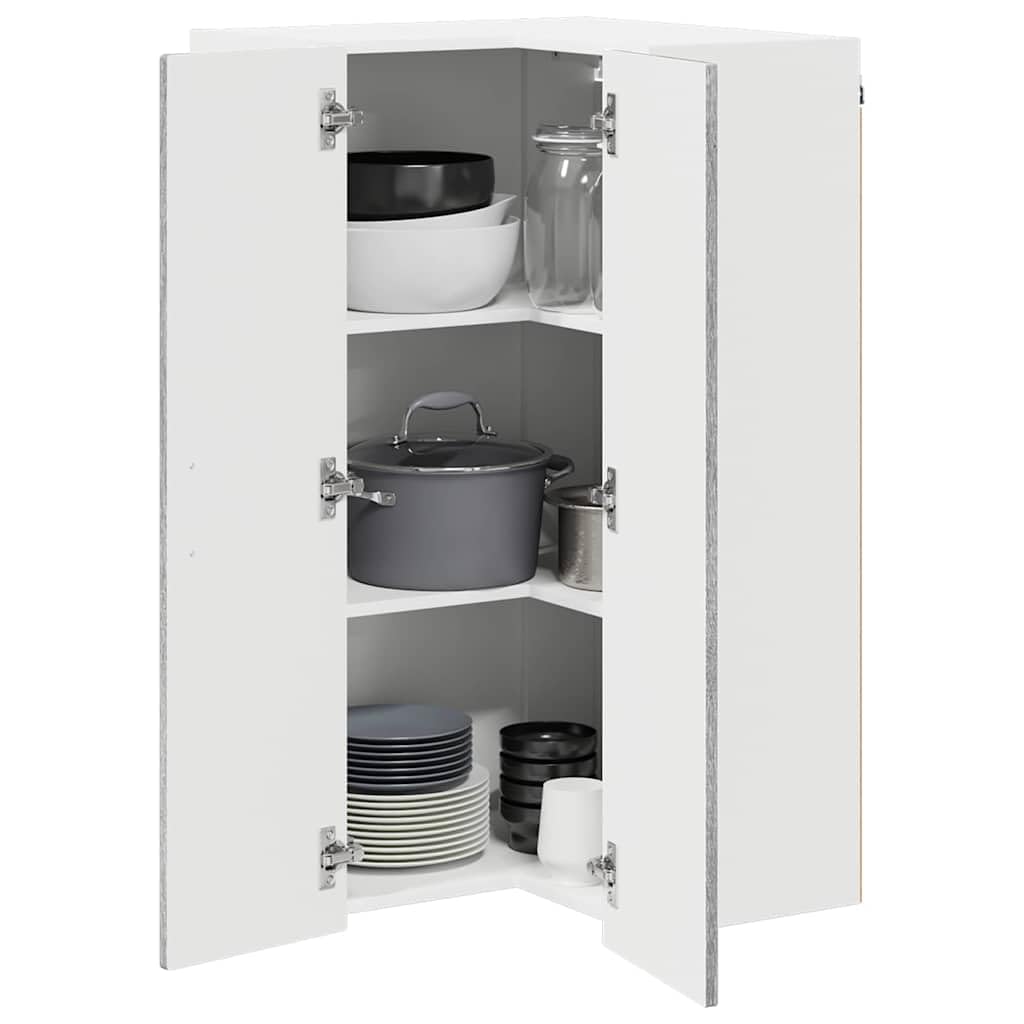 Armario esquinero de pared Porto Sonoma gris 57 x 57 x 100 cm armario de cocina de madera con 3 estantes y 2 puertas, montaje en pared, espacio de almacenamiento para armario de almacenamiento