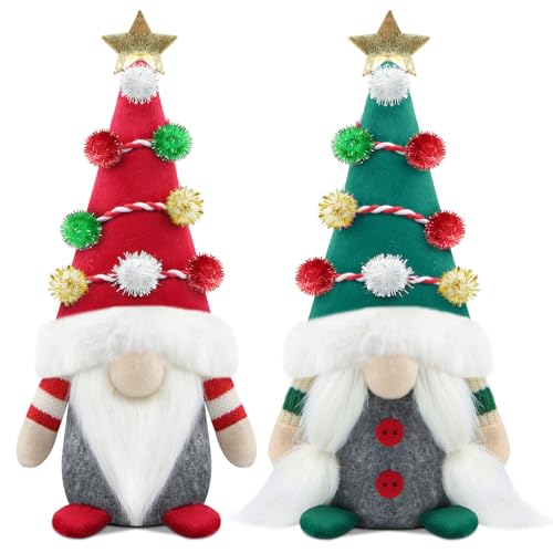 Gehydy Set of 2 Christmas Gonk Decorations Handmade Tree Gnome Xmas Decor for Home Kitchen Farmhouse - Red & Green