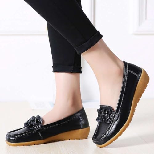 Image of Women's Genuine Leather Platform Loafers Classic Casual Comfort Slip-On Shoes Soft Sole Dress Shoes