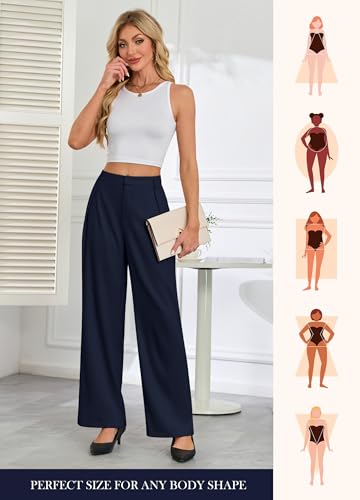 Gracyoga Wide Leg Pants for Woman Summer Trendy Business Work Pants Casual High Rise Trousers Comfy Dressy Slacks with Pockets Navy Blue M4