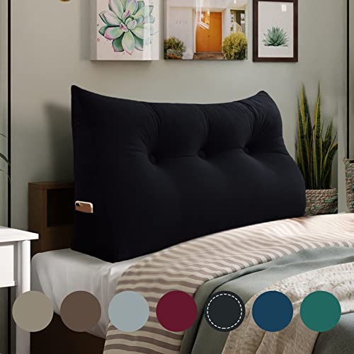 VERCART Coussin de Lecture Triangulaire Support Lombaire Gros Oreiller Cale Dos Tête de lit Rembourré Multifonctionnel en Velours pour Canapé Noir 140cm