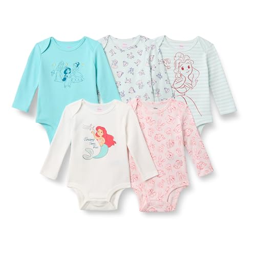 Amazon Essentials Disney Unisex Babies' Long-Sleeve Bodysuits, Pack of 5, Princess Friends, 6-9 Months