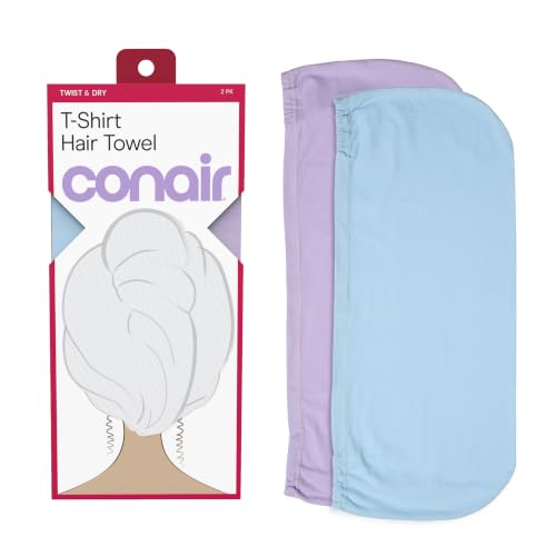 Conair T-Shirt Hair Towel 2 Pack with Anti-Frizz Cotton Jersey Fabric, Lightweight Quick Dry Hair Wrap for All Hair Types, Non-Terry Plopping Towel for Curly, Wavy & Textured Hair - image 1
