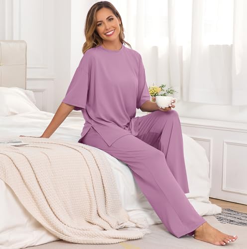 Image of PrinStory Womens Pajamas Sets 2 Piece Lounge Set Short Sleeve Tops and Long Pants Soft Pjs Loungewear with Pockets