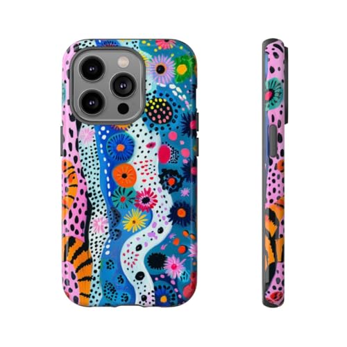 Coque iPhone 14 Pro multicolore protection rigide motif floral abstrait faune