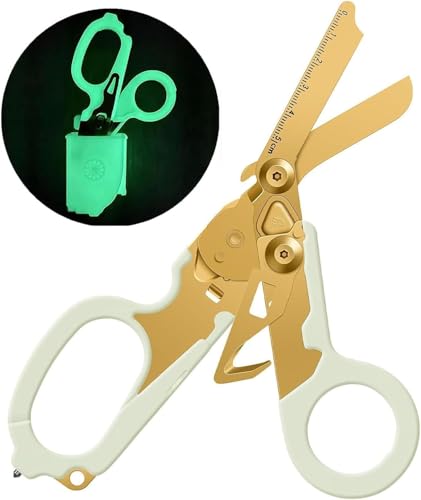 6 In1 Emergency Response Shears, Multifunction Self-luminous Medical Scissors Strap Cutter and Glass Breaker with Compatible Holster (Gold/White)