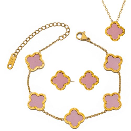 YAHUNI Juego de joyas de trébol de cuatro hojas bañadas en oro de 18 quilates, collar y pendientes, pulsera de trébol de cuatro hojas, para mujeres y niñas para el día de la madre, día de San Valentín