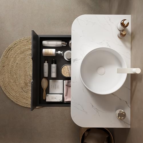Image of KEIKI 36 inch Bathroom Vanity Cabinet with Sink Combo, Wall Mounted Curved Edges Striped Floating Bathroom Vanity with Soft-Close Drawer, White Round Ceramic Basin Without Faucet, Black