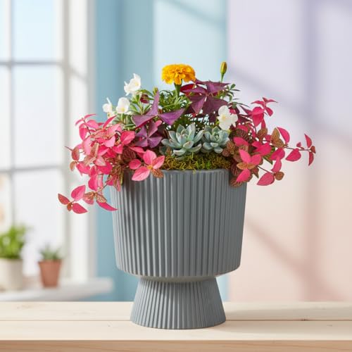 Image of Xtore Striking Pedestal Ceramic Planter Pot for Indoor Plants | Elevated Ribbed Flower Pot for Home, Office Desk & Balcony Decor (Matte Grey - Planter only)
