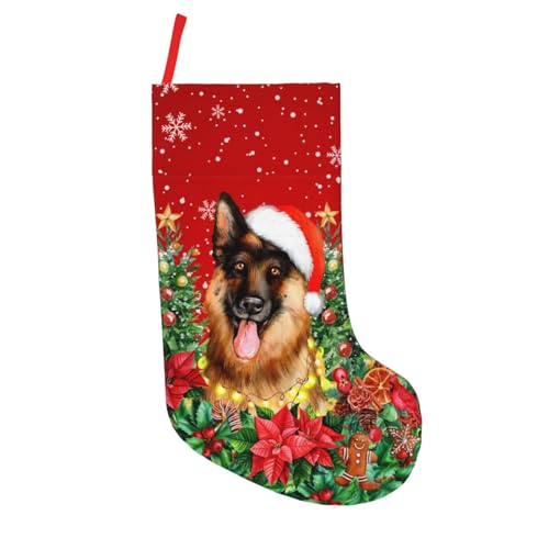 DORKEIXIA German Shepherd Dog Santa Claus Christmas Red Snowflake 18 Inches Large Cable Knitted Stocking Personalized Xmas Hanging Stocking Decorations for Holiday Christmas Party Family Decor