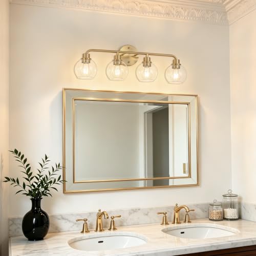 Image of Bathroom Light Fixtures Gold Vanity Light 4 Light Brushed Brass | Wall Sconces Lighting with Clear Globe Glass Shades Bath Wall Lamp for Mirror Kitchen Living Room Bedroom Hallway 27 Inch