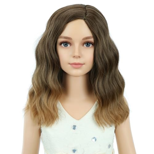 Image of PATTNIUM Brown Ombre Wig for Kids Girls Short Curly Wavy Wigs Brown Side Part Shoulder Length Heat Resistant Synthetic Wig Halloween Cosplay Costume Party Daily Wigs