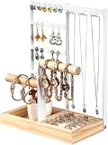 TOSUTO Soporte para Joyas,Expositor de Joyas con Bandeja,Organizador de Joyas,Soporte de Exhibición de Pendientes,Estante de Joyas,para Collares,Pendientes,Anillos,Relojes y Pulseras(Blanco)