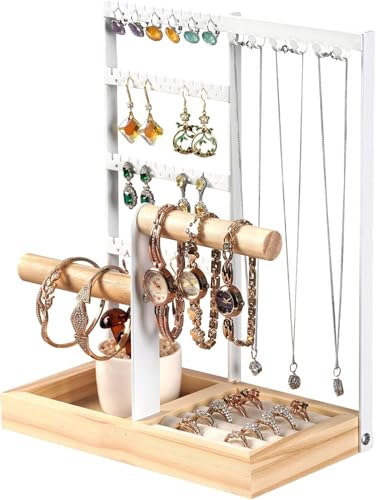 TOSUTO Soporte para Joyas,Expositor de Joyas con Bandeja,Organizador de Joyas,Soporte de Exhibición de Pendientes,Estante de Joyas,para Collares,Pendientes,Anillos,Relojes y Pulseras(Blanco)