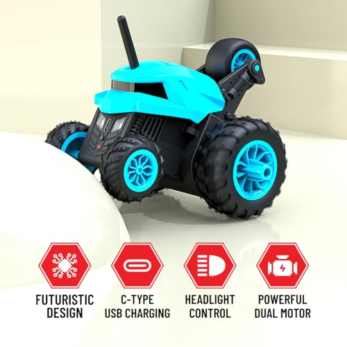 Image of Mirana Warrior 360 Rotating Stunt RC Car | High Speed Remote Control Vehicle | USB Type-C Rechargeable Toy for Kids for Boys and Girls | Made in India (Sky Blue)