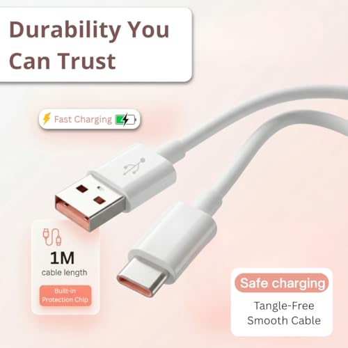 Image of Type-C 33W Fast Charging Cable | HyperCharge Enabled | 3A USB to Type-C Cable | 480Mbps Data Transfer | Compatible for Mi & Xiaomi, Redmi, Samsung Galaxy, Android Phones & Laptops (White)