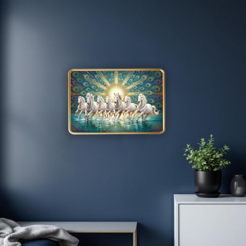 Image of Vastu 7 Seven Running Horse Photo Frame, Golden Slim Frame, Sparkle Coated Lamination, 30x45 cm (Design 10)