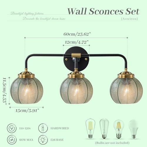 Image of Green 3 Light Bathroom Vanity Light Over Mirror, Black Wall Sconce | Vintage Wall Sconces Light Ribbed Glass Globe Wall Lamp Mid Century Bathroom Lighting Fixtures Art Deco Easy to install E26