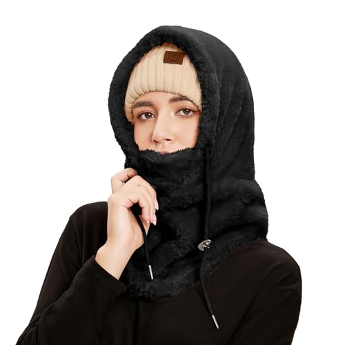 Fleece Balaclava Fuzzy Ski Mask for Women Warm Winter Hats for Women Ski Face Cover Integrated Ear Protection Windproof Hooded Scarf Black