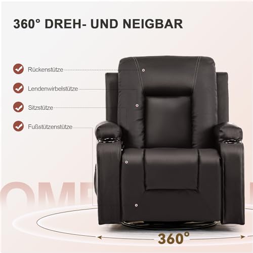 COMHOMA Relaxsessel Manuell Fernsehsessel mit Liegefunktion, TV-Sessel mit Seitengriff, Fußstütze, 360°drehbar bis 150 kg Belastbar, für Wohnzimmer, Schlafzimmer Schwarz – Bild 5