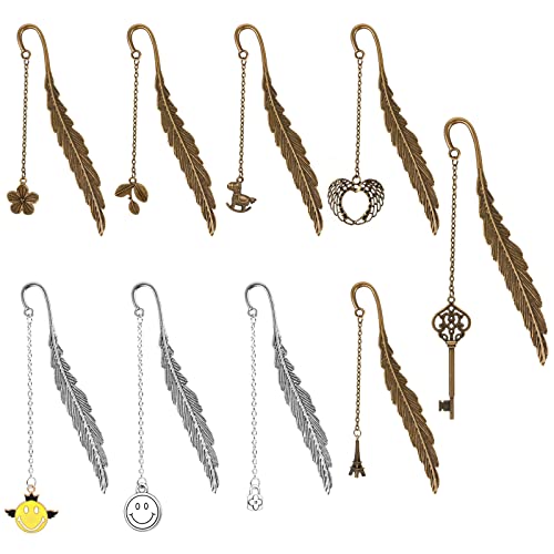 Dadabig 9Pcs Marcador de Libro de Metal Punto de Libro Metalico, Marcadores vintage Marcapáginas de Plumas de Metal, Marcapáginas con Colgante de 9 Estilos, Regalo para Lectores (11.5cm) Cover
