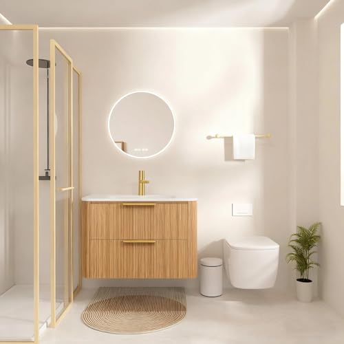 Image of 30 inch Wall-Mounted Bathroom Vanity Cabinet with Sink, Light Oak