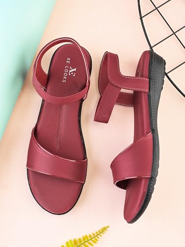 Image of XE Looks Brown Flat Sandals for Women | Broad Front Strap with Secure Back Support | Minimalist Casual Design | Lightweight & Comfortable For Girls