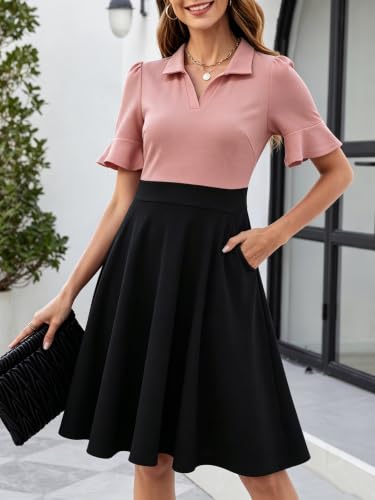 Image of Mokayee Womens Summer Ruffle Sleeve Collared V Neck Fit and Flare Elegant A line Swing Dresses with Pockets