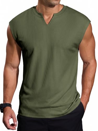 Comdecevis Men's Casual V-Neck Ribbed Knit Summer Beach Tank Tops M Green