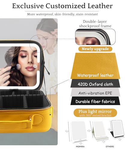 Image of MOMIRA Travel Makeup Bag Cosmetic Bag with Lighted Mirror, Adjustable Brightness in 3 Color Scenarios /Detachable makeup mirror, All-round Upgrade, Waterproof, Gift for Women -Yellow