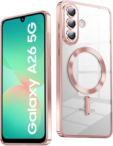 VONZEE Clear Logo Electroplating Transparent Case for Samsung Galaxy A26 5G, Magnetic Plating Electroplate TPU Cover, Individual Camera Protection for Each Lens- Rose Gold
