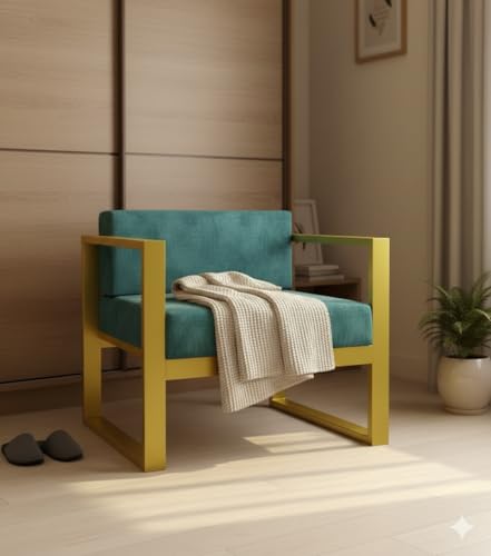 Image of Metal Single Seater Sofa with Cushion for Living Room | Heavy Duty Iron Frame with Powder Coating | Comfortable Seating for Home & Office (Golden-Green)
