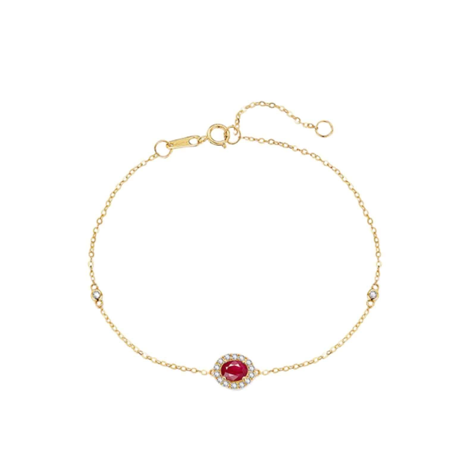 Pulsera para Mujer de Oro 9 K / 14 K / 18 K, Oval con Rubí de 0,3 ct y Diamante, Cadena Extensible 16 CM + 5 CM, Pulsera Oro Ajustable Mujer