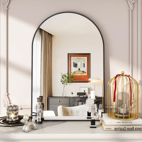 Image of VooBang Arched Wall Mirror, 24 x 36 inch Arch Bathroom Mirror, Wall Mounted Vanity Mirror with Arch Metal Frame, Modern Bathroom Vanity Mirror for Bedroom, Living Room, Hanging or Leaning, Black