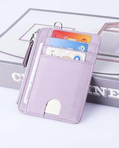 Image of Teskyer Slim RFID Wallet for Women, Small Card Holder with Zip Pocket, Lilac, 3.5 inch x 4.7 inch, Minimalist | Zip Pocket for Cash Coin, 1 ID Window & 7 Card Slots, Ultra Slim Design, D-Ring for Neck Lanyard, for Daily Carry and Travel
