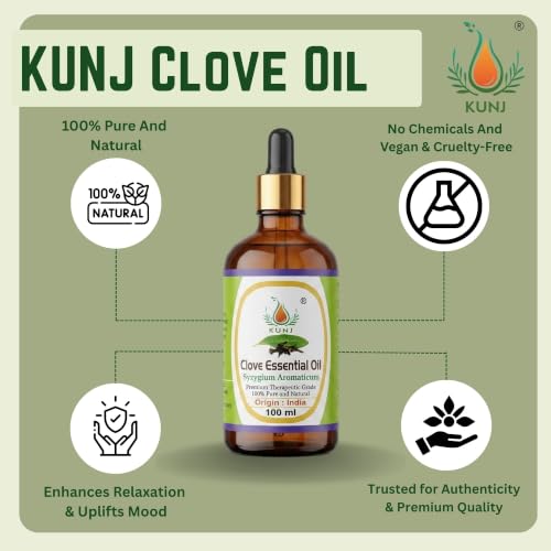 Image of KUNJ Clove Essential Oil 100ml - 100% Pure & Natural Undiluted | Clove Oil for Skin Care, Hair Growth & Scalp | For Diffuser, Aromatherapy, DIY Candle & Soap Making | Therapeutic Grade